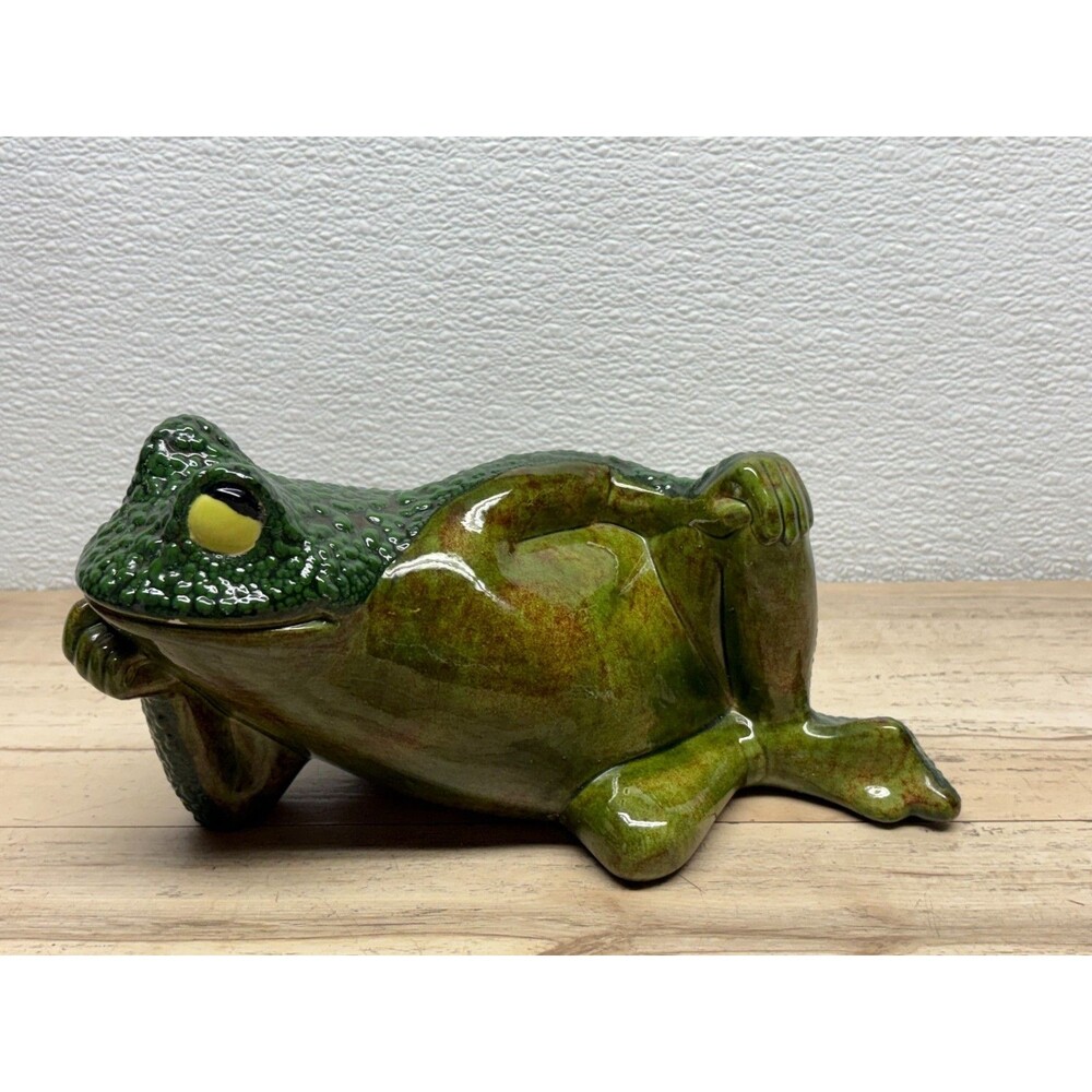 Vtg Ceramic Glaze Frog Figurine Laying On The Side 10" Long